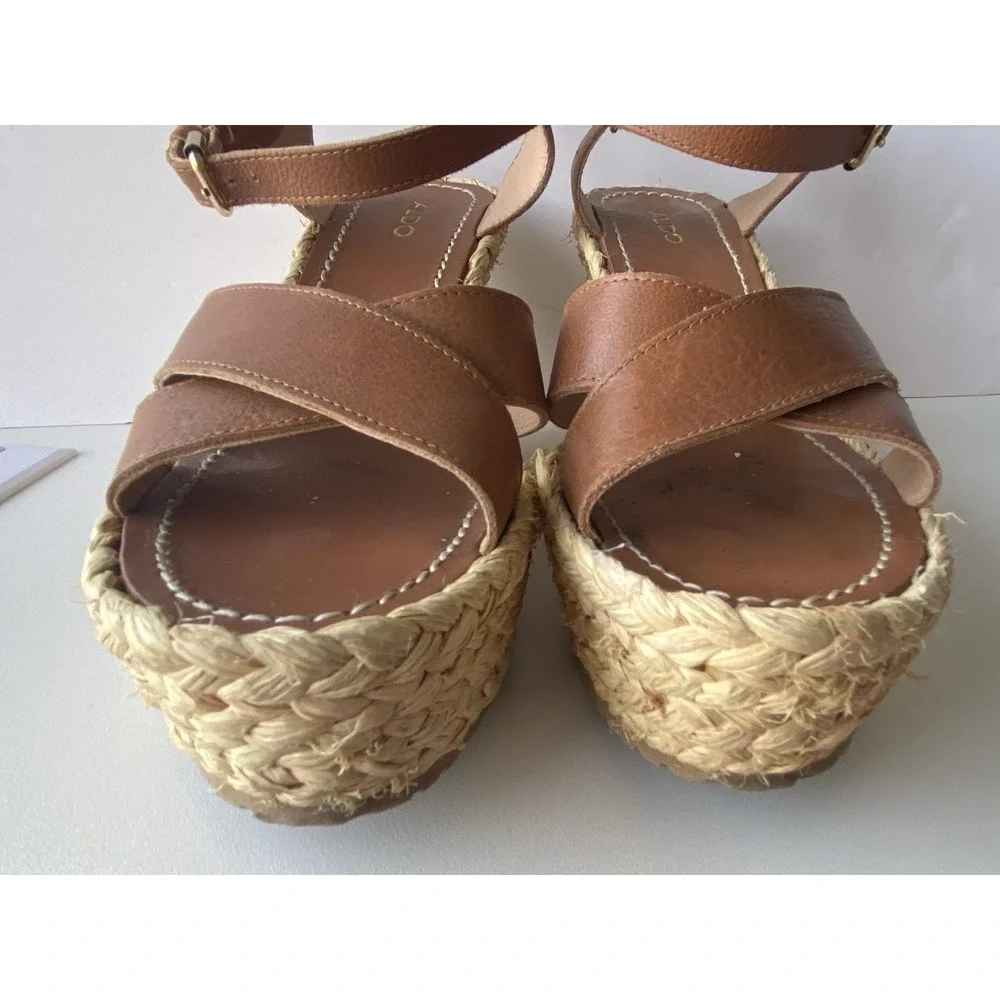 ALDO Brown Leather Espadrille Platform Wedge Sandals - Women's Size 7